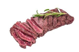 Grilled and sliced Flank beef steak, BBQ meat isolated on white background. top view photo