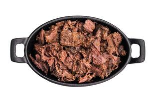 Slow Cooked Pulled Beef, Traditional meat rubbed with spices and smoked isolated on white background. top view photo