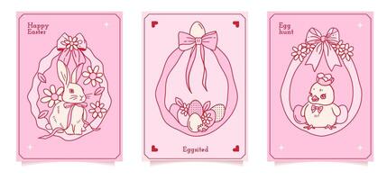 Coquette Easter greeting card templates set with bunny, chick and eggs in pink theme with ribbon bow cartoon doodle hand drawing. Girly minimal illustration. vector