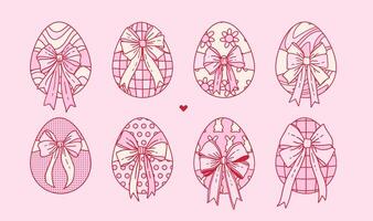 Hand drawn cute groovy pink Easter egg with coquette satin bow and distorted hippie pattern decor. Linear happy Easter spring holiday elements. Girly contour drawing vector