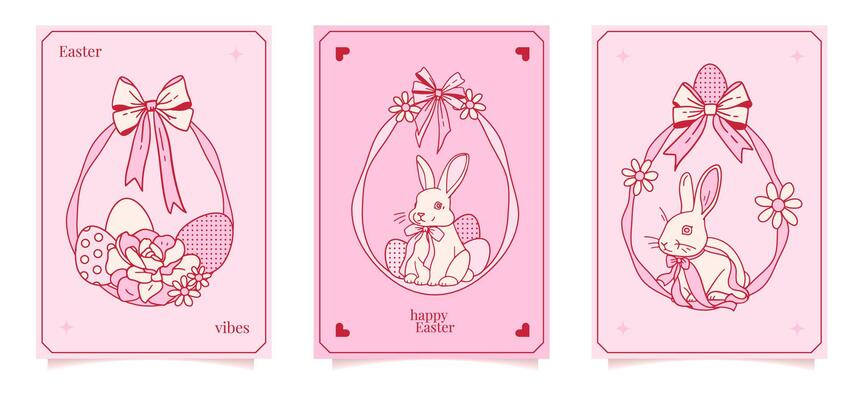 Hand drawn Easter cards or posters set with coquettish pink ribbon frame baby Easter hare, rabbit with eggs and flowers. Nursery print, vintage doodle border decoration, girly retro design.