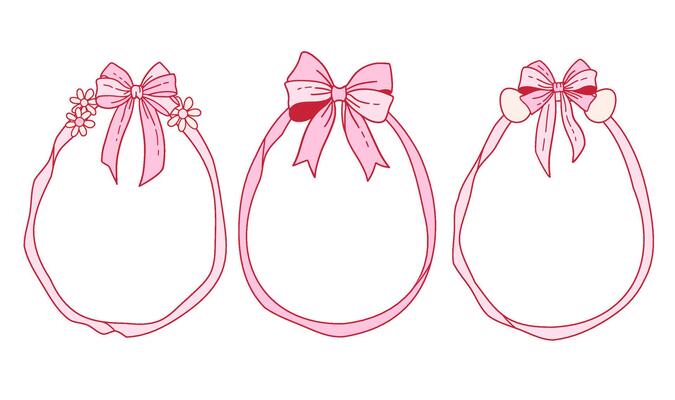 Egg shaped pink ribbon frames set with coquette bow. Spring Holiday trendy borders collection. Vintage girly elements for greeting cards, invitations, social media. Whimsical design for Happy Easter