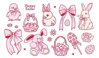 Pink Coquette Easter elements set with Bunny, Egg, Whimsical Rabbit, chick, basket with girly satin ribbons and bow . Contour Flat design vector