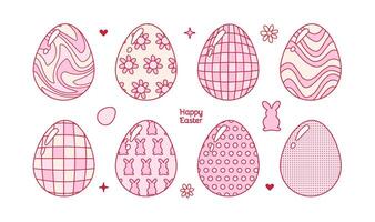 Groovy disco Easter eggs set. Retro design Printable sublimation for shirt in linear Doodle style - checkered, daisy, dots, rabbit silhouette, marble patterns. Flat illustration. vector