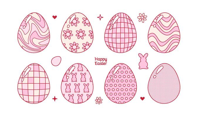 Groovy disco Easter eggs set. Retro design Printable sublimation for shirt in linear Doodle style - checkered, daisy, dots, rabbit silhouette, marble patterns. Flat illustration.