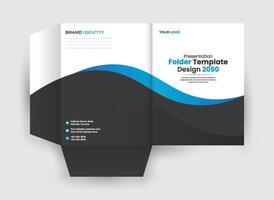 A black and blue foldable brochure with a wave design vector