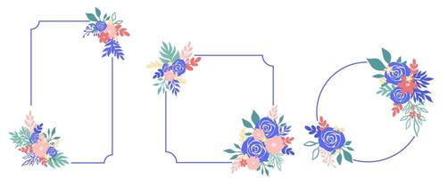 A set of text frames with blue roses and plants vector