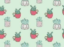 charming seamless pattern featuring potted succulents in red mugs and geometric planters, set against a soft green background. Perfect for fabric, wallpapers, gift wraps, or digital designs. vector