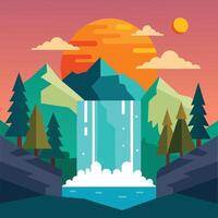A vibrant illustration of a waterfall cascading through a red canyon under a bright blue sky. vector