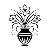 Floral Linocut abstract stylized bouquet of flowers in vase, isolated. Black and white pen and ink drawing with hand drawn bold lines vector