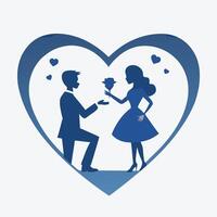 Silhouette of a man proposing with a rose in front of heart vector