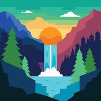 A vibrant of a waterfall cascading through a red canyon under a bright blue sky. vector