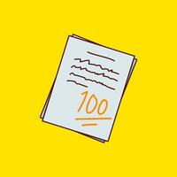 A simple and clean flat illustration of a test paper with a perfect score of 100, set against a bright yellow background. Ideal for educational, school-related, and achievement-themed designs. vector