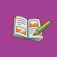 A vibrant flat illustration of an open book featuring text and images, accompanied by a green pencil. The design is colorful, playful, and educational vector
