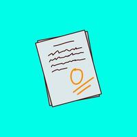 A simple flat illustration of a test paper featuring handwritten text and a large zero score marked in orange. vector