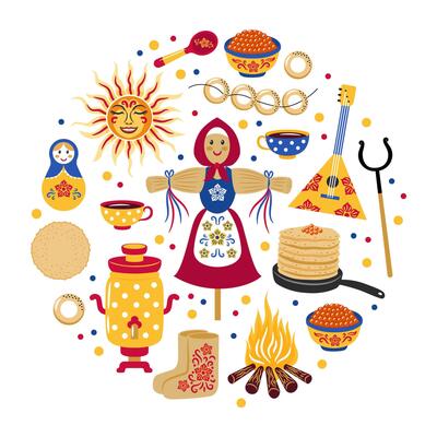 Russian Masnenitsa or Shrovetide circle shape. Set of slavic sun, pancakes, scarecrow, samovar, matryoshka. Colorful illustrations for decoration banners, posters.