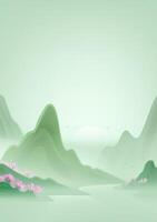 Chinese style vertical illustration design of peach blossom trees between mountains and rivers vector