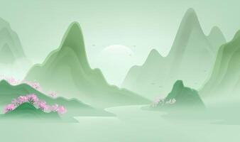 Chinese style horizontal illustration design of peach blossom trees between mountains and rivers vector