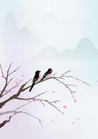 Chinese style vertical illustration design a black bird standing on a peach tree vector