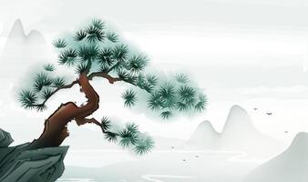 Chinese style horizontal illustration design pine trees and landscape on cliffs vector