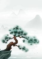 Chinese style vertical illustration design pine trees and landscape on cliffs vector
