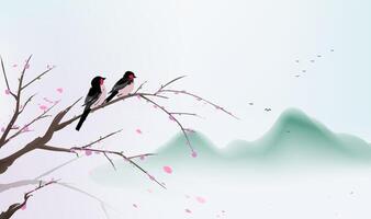 Chinese style horizontal illustration design a black bird standing on a peach tree vector