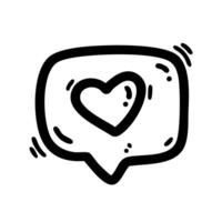 Black and white hand drawn doodle of a speech bubble with a heart inside. Perfect for likes, social media, engagement, notifications, comments, reactions, messaging apps, and UI, UX design. vector