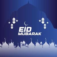Eid Mubarak greeting blue gradient background with white islamic crescent moon and mosque vector