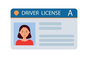 The car driver is ID card with a photo of a woman. Vehicle driver is identification card. Stamp, barcode, plastic identification card. Illustration in a flat style vector