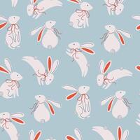 Happy Easter print with bunny. Minimalistic background with rabbit and decorative bow. Cute animal seamless pattern design for baby nursery or textile. Hand drawn illustration. vector
