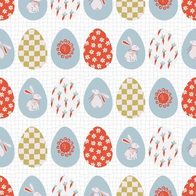 Easter eggs seamless pattern. Decorative eggs with bunny, flowers, carrot. Cute ornate traditional holiday food. Flat design illustration.