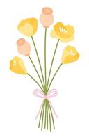 Bouquet of yellow wild poppies blossoming and buds. Wildflowers tied with ribbon. Gentle flowers for design projects vector