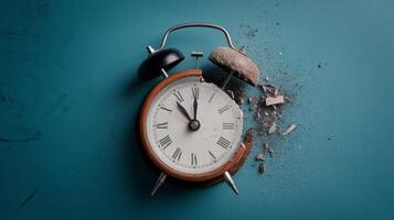 Broken vintage alarm clock with scattered debris on a teal background. photo