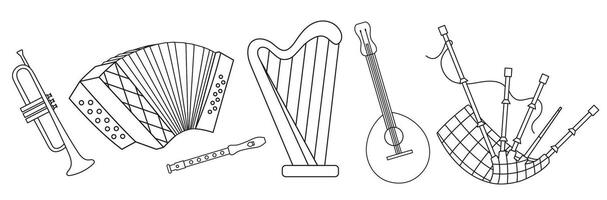 St. Patrick's Day, set of Irish folk musical instruments, guitar, harp, bagpipes, trumpet, fife, accordion, black and white linear icon isolated on a white transparent background vector