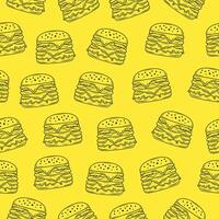 Cheeseburger sketch hand drawn seamless pattern on yellow background vector