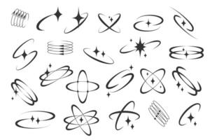 Futuristic spin and sparkle graphic elements. Collection of Y2K inspired orbital elements with sparkling details vector