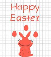 Happy Easter poster on checkered paper with Easter bunny and eggs and congratulatory handwritten inscription vector