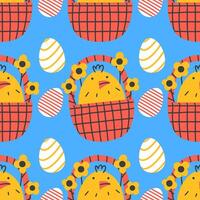 Easter seamless pattern with eggs and basket with chicken vector