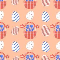 Easter and spring seamless pattern with basket and eggs. vector