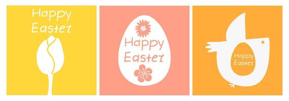 Set of Easter minimalistic stylish cards with Easter egg, bird and tulip. hand-drawn design vector
