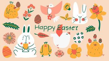 Happy Easter colorful set with funny Hand-drawn cartoon Easter bunny, birds, eggs and chickens. vector