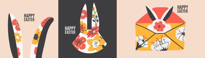 Set with Easter rabbit and abstract flowers. Happy Easter festive cards or posters vector