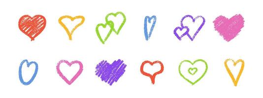 Multicolored crayon heart collection with rough chalk texture and scattered grainy strokes. vector