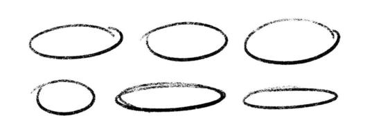 Crayon highlight black oval shapes collection with rough stroke effect. vector
