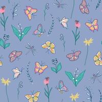 A pattern with butterflies and flowers on a blue background vector