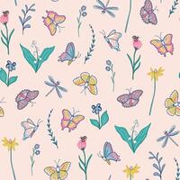 A pattern with butterflies and flowers on a pink background vector