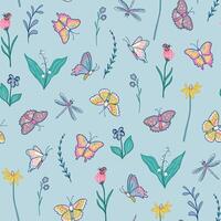 A pattern with butterflies and flowers on a blue background vector