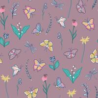 A pattern with butterflies and flowers on a purple background vector