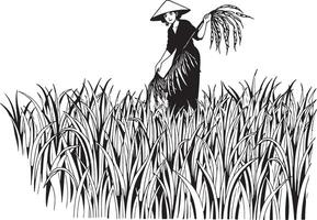 A woman in a hat is standing in the middle of a field vector