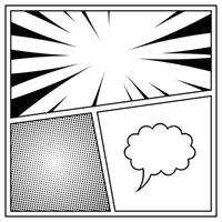Dynamic Comic Book Panel with Explosive Burst, Halftone Pattern, and Speech Bubble Featuring Speed Lines and Retro Superhero Vignetting vector